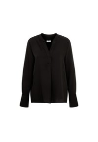 Czarna bluzka z długim rękawem, w serek i luźnym kroju. Wykonana z gładkiego materiału, z rozcięciem z przodu i szerokimi mankietami.