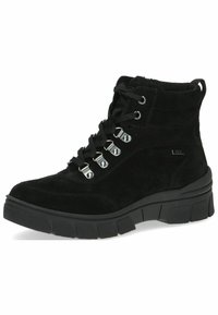 Botas de tobillo de ante negras con una suela de goma gruesa, que presentan ojales plateados, cordones y un collar acolchado para mayor comodidad.
