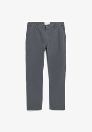 Graue Baumwoll-Chinos mit flacher Vorderseite, Reißverschluss und Knopfverschluss. Verfügen über seitliche und hintere Taschen sowie ein dezentes Markenzeichen am Bund.