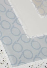 Tela transparente con un patrón sutil que presenta diseños circulares en un suave tono azul claro. Superpuesta sobre un material blanco texturizado con puntos en relieve.