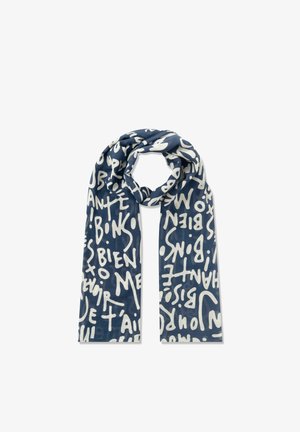 Marineblauer Schal mit weißen abstrakten handgeschriebenen Wörtern und Symbolen, locker geschlungen, wobei beide Enden gerade herunterhängen.