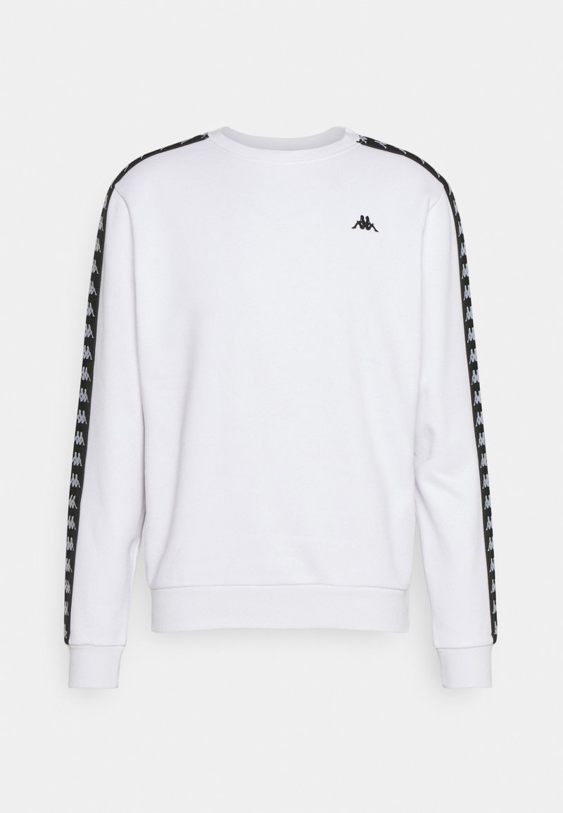 Sweat-shirt blanc à manches longues, poignets côtelés et encolure ronde. Présente des bandes latérales noires avec un motif de logo répété. Tissu texturé.