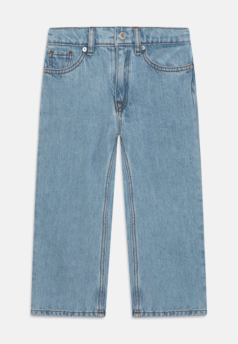Helleblaue Jeans aus Denim mit geradem Bein, ausgestattet mit zwei Fronttaschen, kupferfarbener Naht und einem Knopfverschluss am Bund.