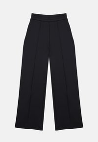 Zwarte wijde broek met hoge taille en geplooide voorkant, voorzien van zijzakken en een gestructureerde tailleband.