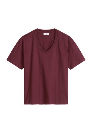 Maglietta a maniche corte color bordeaux con scollo a V, vestibilità comoda e una piccola etichetta di tessuto all'interno del colletto.