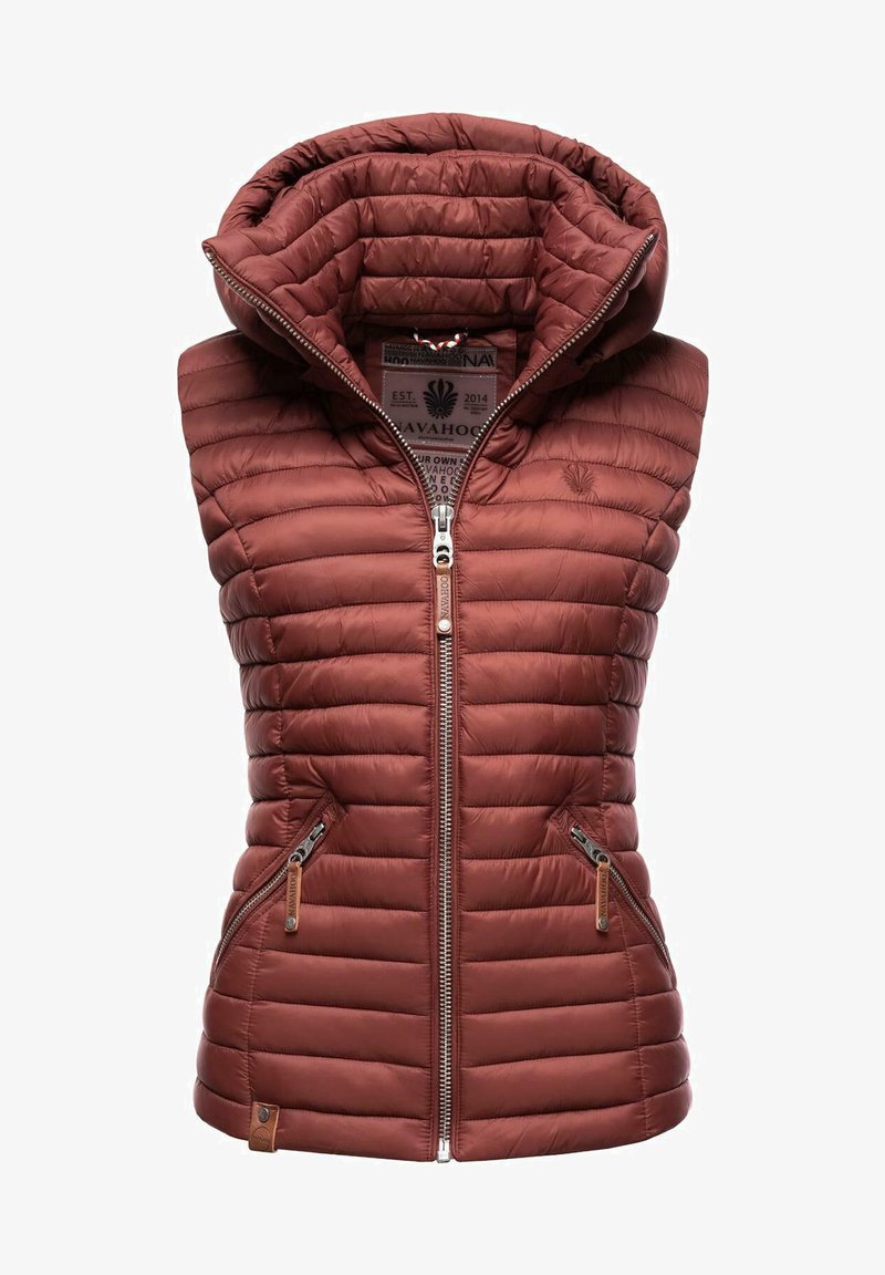 Maroon puffer vest with a hood, featuring a zip closure, side pockets, and quilted texture. Insulated design for warmth.