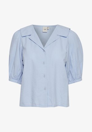 Svijetloplava, teksturirana bluzica s okovratnikom, kratkim puf rukavima i kopčanjem sprijeda. Mekani, lagani materijal.