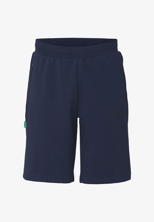 Marineblauwe shorts van zacht materiaal, met een elastische tailleband, zijzakken met rits en een klein logoaccent op de voorkant.