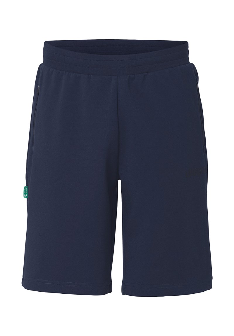 Marineblauwe shorts van zacht materiaal, met een elastische tailleband, zijzakken met rits en een klein logoaccent op de voorkant.