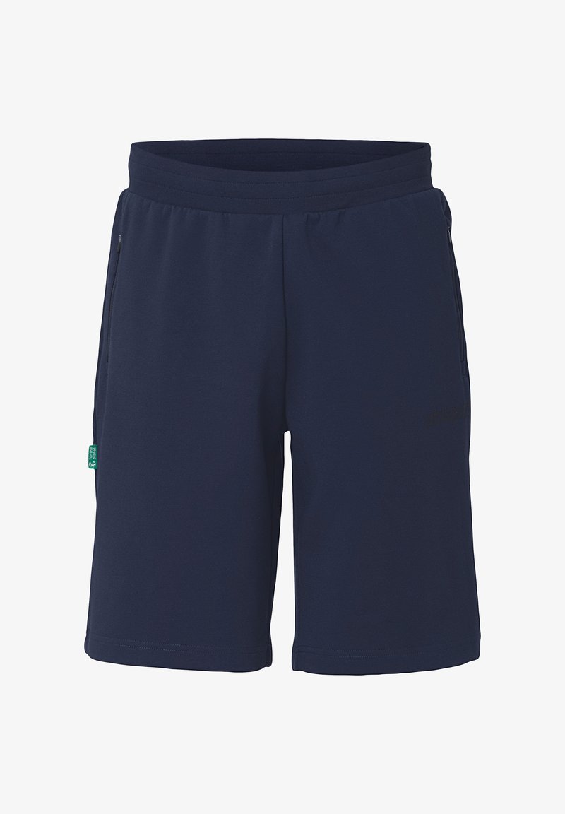 Shorts bleu marine en tissu doux, avec une taille élastique, des poches zippées sur les côtés et un petit logo en accent à l'avant.