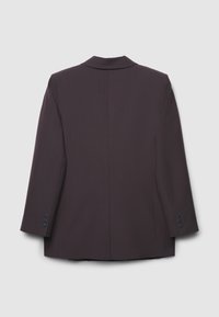 Dark purple blazer, featuring a notched lapel, structured fit, and four-button cuffs. Smooth texture with a clean back design.