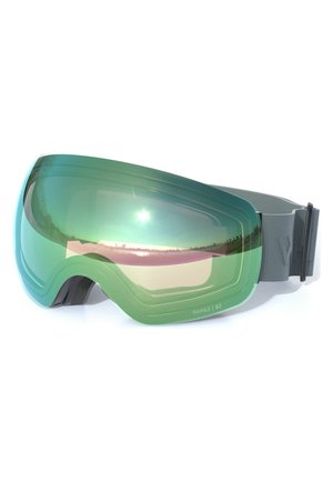 Gogle narciarskie z dużą zieloną przyciemnianą soczewką i regulowanym szarym paskiem, odbijające światło słoneczne i krajobraz, model o nazwie Topaz S2.