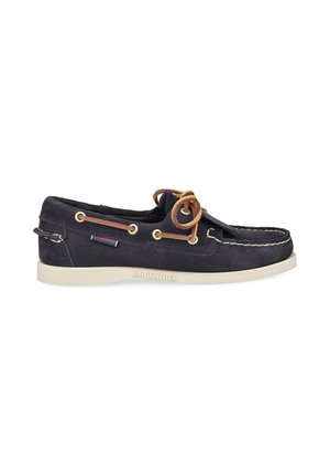 Navy blue suede boat shoe with white stitching, brown leather laces, and white rubber sole, viewed from the side.