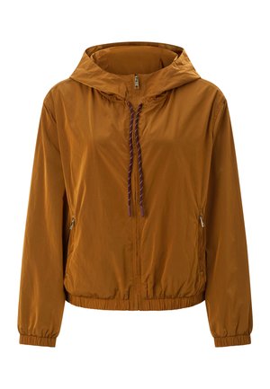 Geacă ușoară maro cu glugă, fermoar frontal, glugă cu șnur, buzunare laterale cu fermoar și manșete și tiv elastice.