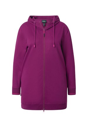 Felpa zip con cappuccio di colore viola, con dettagli in cordoncino, polsini a coste e taglio dritto. Realizzata in tessuto morbido con una superficie liscia.