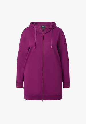 Purple zip-up hoodie with a hood, drawstring accents, ribbed cuffs, and a straight cut. Made from soft fabric with a smooth texture.