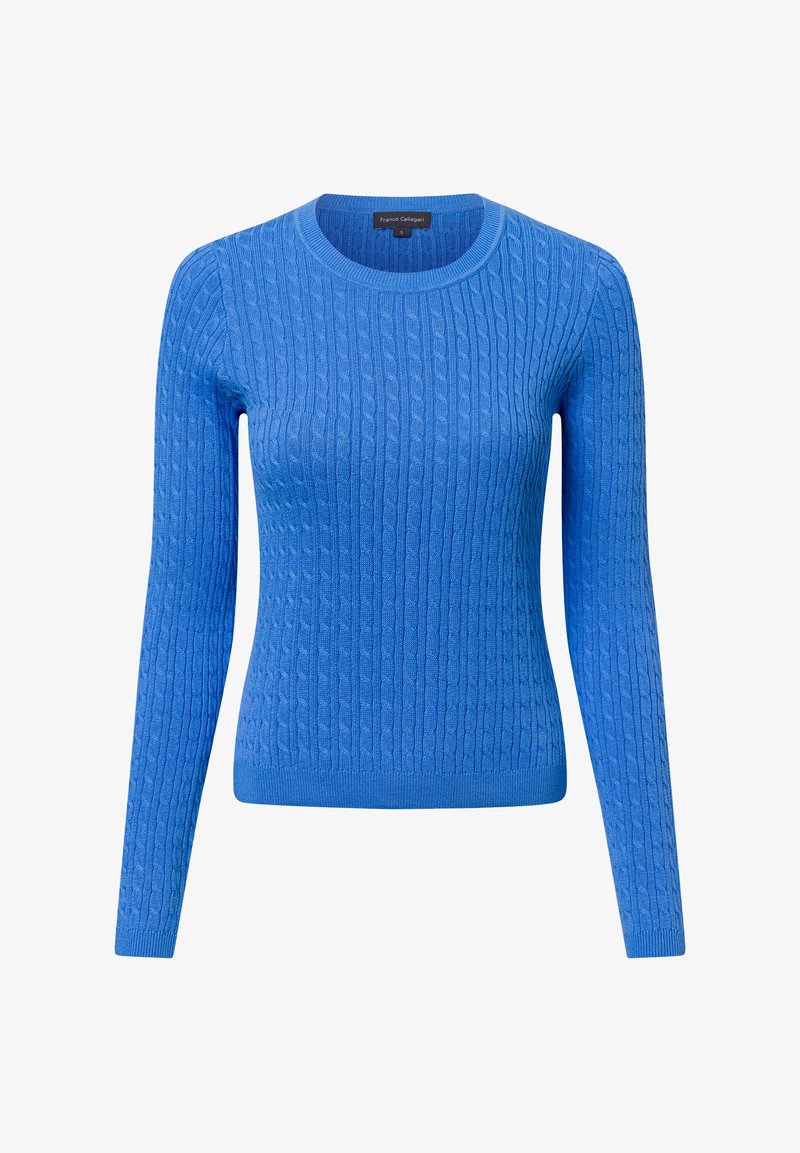 Blauer Strickpullover mit rundem Ausschnitt, langen Ärmeln und einem strukturierten Zopfmuster. Mit gerippten Bündchen und taillierter Passform.