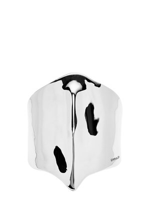 Máscara facial de plata lisa y pulida con bordes curvos y una estrecha cresta vertical en el centro, reflejando luces y sombras.