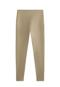 Beige leggings textúrált anyagból, testhezálló kialakítással. Az derék elasztikus, sima felülettel, amely a bokákig keskenyedik.