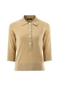Beige gerippter Strickpolo mit kurzen Ärmeln, fünf Knöpfen und klassischem Kragen. Weicher Stoff und taillierte Form.