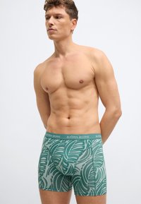 Μυώδης άνδρας που φοράει πράσινα μποξεράκια Björn Borg με σχέδια, στέκεται με τα χέρια πίσω από την πλάτη, κοιτάζοντας ελαφρώς προς τα αριστερά σε λευκό φόντο.