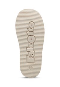 Semelle en caoutchouc de couleur blanc cassé avec texture striée. Présente le logo "Falcotto" en relief, ainsi que le numéro de taille "19".