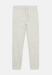 Lichtgrijze joggerbroeken met een zachte textuur, elastische tailleband en trekkoorddetail; slim-fit ontwerp met opgerolde enkels.