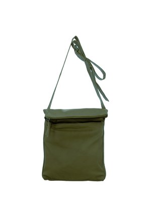 Small olive green leather shoulder bag with front zipper pocket and adjustable strap tied in a bow.