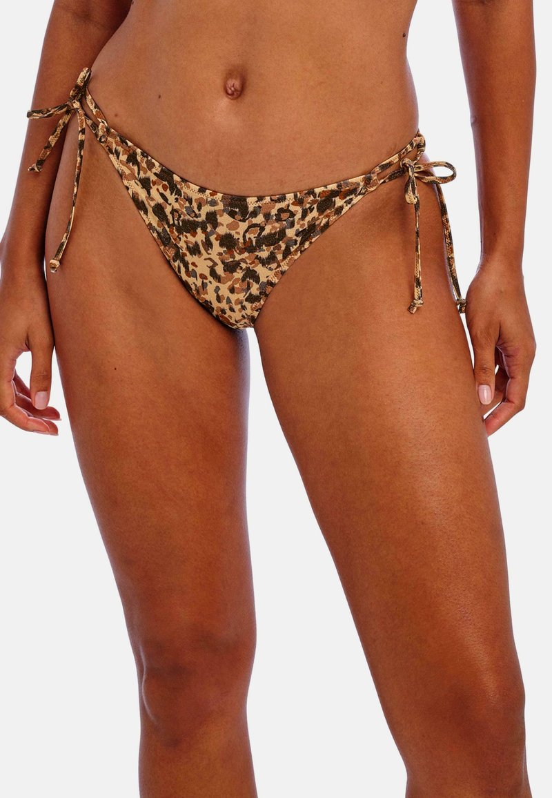 Bas de bikini à imprimé léopard avec côtés à nouer ajustables, présentant des nuances de marron et de beige. Tissu doux et taille basse.