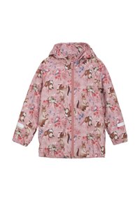 Rosa vattentät jacka med ett blommönster och djur, full dragkedja och huva. Inkluderar reflexdetaljer på ärmarna.