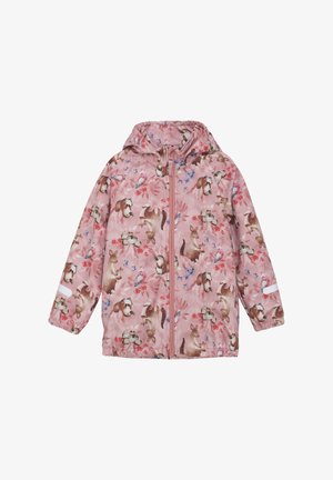 Roze waterdichte jas met een bloemenpatroon en dieren, met een volledige ritssluiting en een capuchon. Bevat reflecterende accenten op de mouwen.