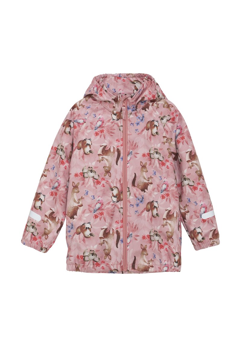 Rosa vattentät jacka med ett blommönster och djur, full dragkedja och huva. Inkluderar reflexdetaljer på ärmarna.