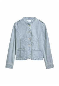 Prugasta traper jakna s ovratnikom, prednjim gumbima, dva zakrivena džepa i jastučićima na ramenima. Svijetloplave i bijele boje.