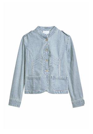 Striped denim jacket featuring a collared neckline, front buttons, two patch pockets, and shoulder epaulets. Light blue and white colors.