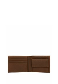 Portafoglio in pelle marrone con design bifold, dotato di molteplici slot per carte e un compartimento per le banconote. Texture liscia e dettagli di cucitura puliti.
