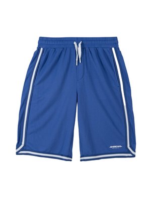 Niebieskie sportowe spodenki z białymi bocznymi pasami, białym sznurkiem, elastyczną talią i przednimi kieszeniami, z małym logo "Shrewd" na dole.