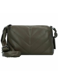 Olivgrüne Leder-Crossbody-Tasche mit Chevron-Steppung, rechteckiger Form, verstellbarem Riemen und silbernen Hardware-Akzenten.