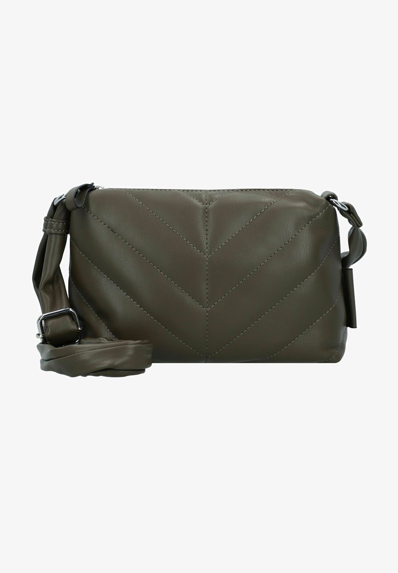Bolso cruzado de cuero verde oliva con costura en chevrón, forma rectangular, correa ajustable y detalles en acero inoxidable.