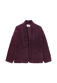 Veste en velours côtelé matelassé de couleur violet foncé, avec un col châle, une fermeture frontale ouverte et deux poches avant. Tissu texturé avec des rayures verticales.