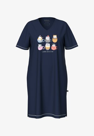 Navy nachthemd met een V-hals, voorzien van een kleurrijke cartoonprint van katten in kopjes en de tekst "Latté en Chill." Korte mouwen en contrasterende stiksels.
