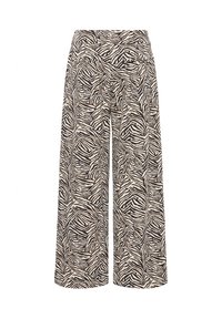 Pantalones de pierna ancha hechos de tejido ligero, con un estampado de rayas de cebra en negro y crema, y una cinturilla elástica.