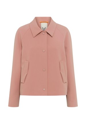 Rosa Jacke mit Knopfleiste, langen Ärmeln, spitzem Kragen und zwei Vorder- taschen, auf weißem Hintergrund dargestellt.