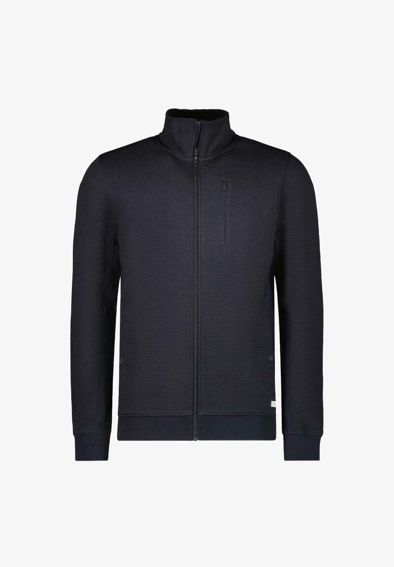 Donkerblauwe ritsjack gemaakt van een geweven stof. Heeft een hoge kraag, lange mouwen en een borstzak met een ritsluiting.