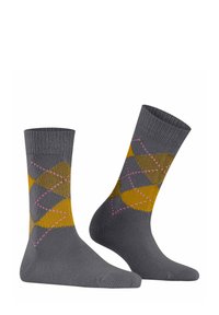 Calze in cotone grigio con un motivo a diamante verde, giallo e rosa. Lunghezza fino al polpaccio con polsini a coste e punta rinforzata.
