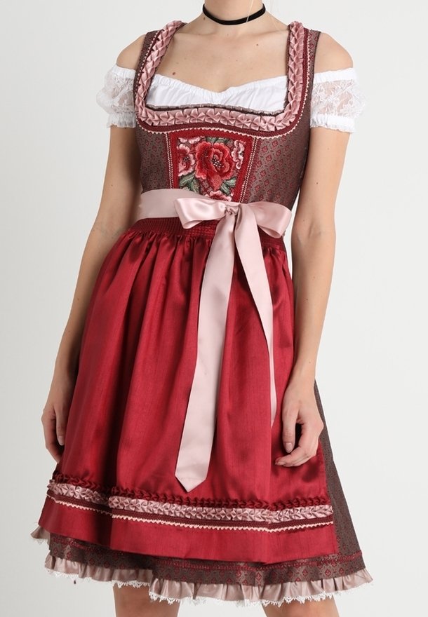 La tenue traditionnelle comprend un corsage ajusté de couleur marron orné de broderies florales, une jupe rouge avec une ceinture en ruban rose, et des accents en dentelle aux manches.