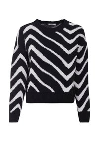 Pull noir et blanc avec un motif en zigzag, fabriqué en maille douce. Col rond, manches longues, et poignets et ourlet côtelés.