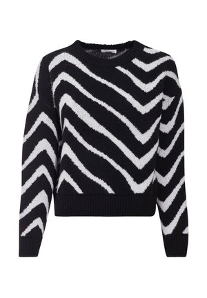 Maglione bianco e nero con un motivo a zigzag, realizzato in un morbido materiale a maglia. Collo a giro, maniche lunghe e polsini e orlo a costine.