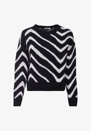 Maglione bianco e nero con un motivo a zigzag, realizzato in un morbido materiale a maglia. Collo a giro, maniche lunghe e polsini e orlo a costine.