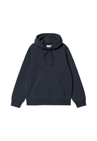 Felpa Carhartt di colore blu navy con tasca a marsupio frontale, cappuccio regolabile con coulisse e logo Carhartt ricamato sulla parte anteriore.