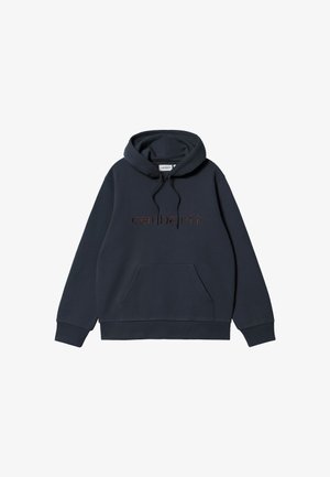 Marineblå Carhartt hoodie med front kangaroo-lomme, justerbar snoretræk-hætte og Carhartt-logo broderet på brystet.